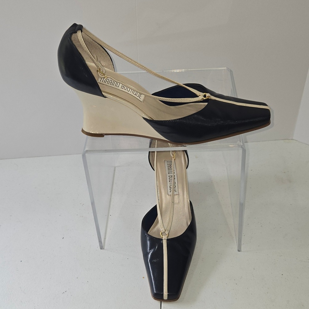 Marino Boutique Women 10M Black Cream Leather Wedge Heel Square Toe T-Strap Shoe